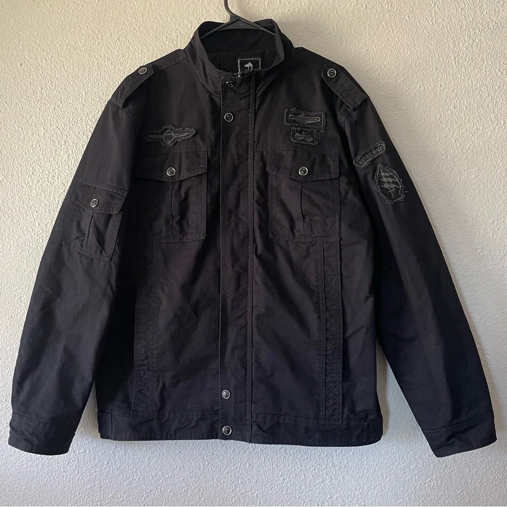 Men’s Utility Bomber Jacket L Black Airborne Zip Up Button Moto Metal Grunge EUC - Picture 1 of 16